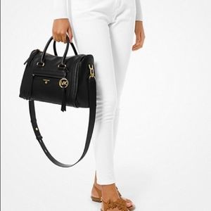 Michael Kors Carine Medium Black Leather Satchel Handbag